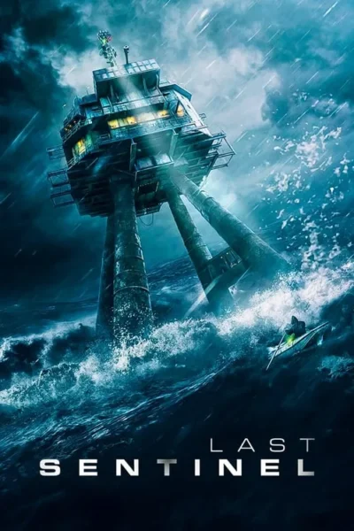 Plataforma gigante no oceano sob tempestade violenta. Chuva torrencial e ondas enormes cercam a estrutura e um pequeno barco.