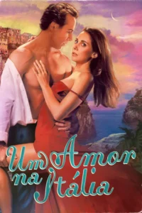 Pôster:casal abraçado romanticamente. Homem de camisa aberta,mulher de vermelho. Litoral italiano ao pôr do sol com lua crescente.