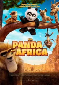 Pôster animado. Panda sorridente,filhote de leão,hiena e girafa em árvore na savana,com um leão sério e animais no fundo.