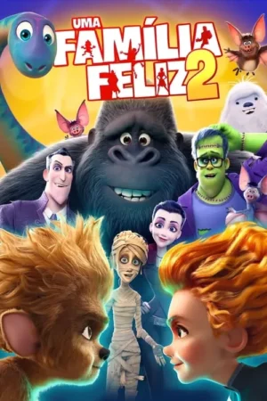 Pôster animado com diversos monstros coloridos: um gorila, Frankenstein, múmia, vampiro, lobisomem, crianças, dinossauro e yeti, num cenário vibrante.