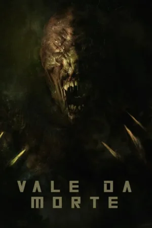 Pôster de horror. Criatura grotesca e putrefata emerge da escuridão esverdeada. Boca aberta com dentes pontiagudos, garras visíveis. Clima sombrio.
