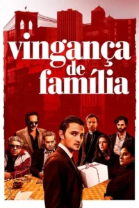 Pôster vermelho intenso. Grupo de personagens tensos,incluindo um homem de terno com caixa de presente,sobre skyline urbano. Clima sério e dramático.