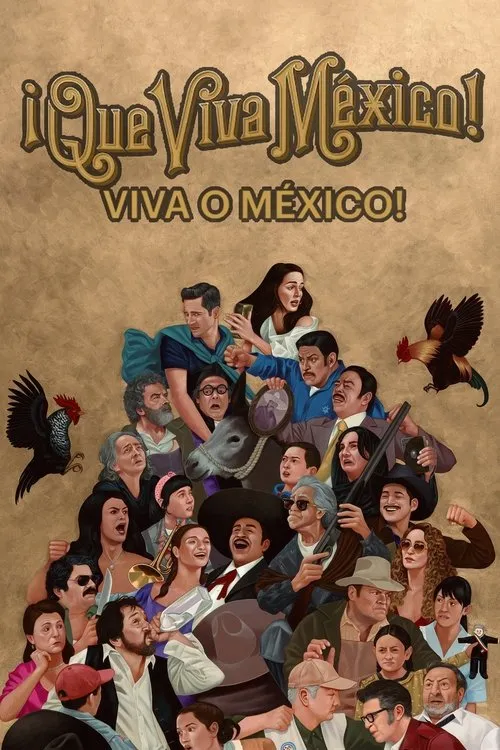 Pôster vibrante com uma multidão de personagens de todas as idades,em expressões dramáticas ou cômicas,incluindo um burro e galos. Clima caótico e caricato.