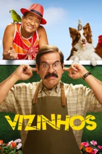 Vizinhos 5 Um homem de bigode irritado tapa os ouvidos,incomodado por vizinho sorridente com papagaio,cão e galinha. Clima divertido e barulhento.