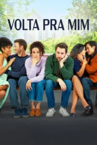 Seis pessoas em um banco. Dois casais felizes nas laterais,e um casal desanimado ao centro. Fundo urbano verde.