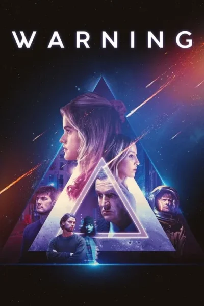 Pôster sci-fi. Múltiplos personagens em um triângulo de luz, com fundo cósmico e cenas urbanas. Um astronauta; clima dramático e misterioso.