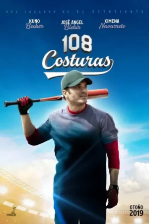 Pôster com um homem de boné, camisa cinza e luvas, segurando um taco de beisebol. Ele olha para o lado sob um céu azul, com luzes de estádio.