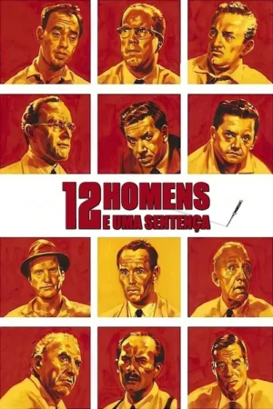 Pôster com 12 retratos de homens. Fundo vermelho com detalhes amarelos. Expressões variadas, de sérias a pensativas. Uma faca ao centro, sugerindo tensão.
