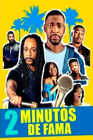 Pôster vibrante com 7 pessoas negras. Homem central confuso, outro com dreads segura microfone. Fundo amarelo, palmeiras azuis. Clima de comédia musical.