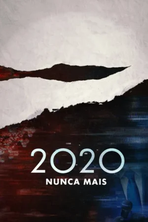 Pôster: papel rasgado revela fundo escuro com falhas digitais em vermelho e azul. Homem de terno com microfone. Clima tenso e sério.