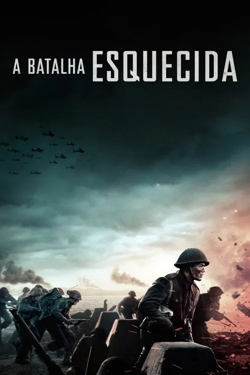 Pôster de guerra:Soldados avançam em uma praia sob um céu tempestuoso,com aviões de guerra e explosões distantes. Clima de batalha.