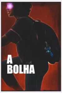 Pessoa sorrindo em perfil com um olho rosa brilhante, em movimento contra um fundo vermelho granulado. Sombrio e enigmático.