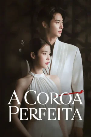 Mulher e homem asiáticos elegantes em trajes brancos olham para a direita. Ela à frente, ele atrás. Fundo escuro. Clima sério e dramático.