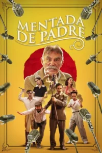 Pôster amarelo vibrante. Um senhor bravo aponta, rodeado por diversos personagens em roupas vintage e microfones antigos. Clima de comédia.