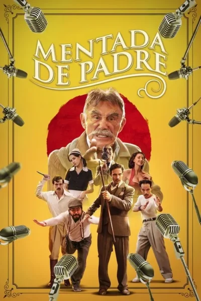 Pôster amarelo vibrante. Um senhor bravo aponta, rodeado por diversos personagens em roupas vintage e microfones antigos. Clima de comédia.