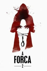 Pôster sombrio: figura encapuzada vermelha aquarela com mãos de garras. No espaço negativo, uma forca e respingos de sangue.