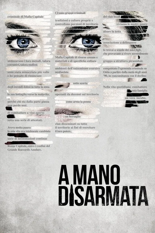 Pôster cinzento. Olhos azuis intensos de mulher em close-up, rosto fragmentado por linhas de texto riscado. Clima dramático e sombrio.