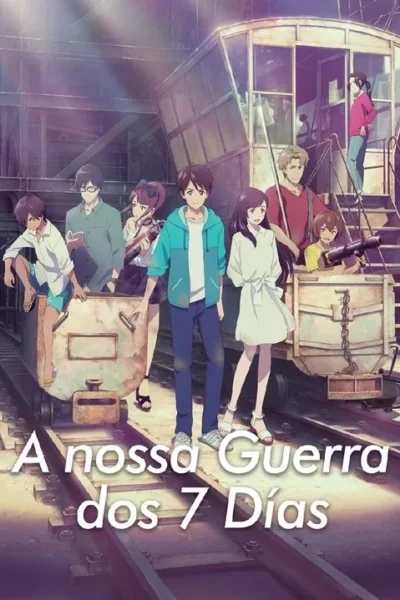 Oito jovens em estilo anime posam em um pátio de trens abandonado. Alguns sentados em vagões, outros de pé. Luz suave. Clima aventureiro.