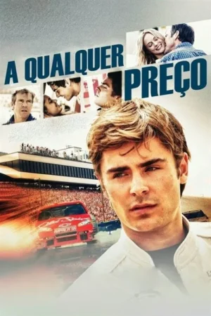 Jovem sério em primeiro plano, com fotos de romance e drama familiar. Ao fundo, carro de corrida em pista lotada.