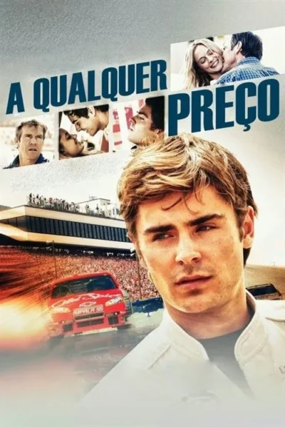 Jovem sério em primeiro plano, com fotos de romance e drama familiar. Ao fundo, carro de corrida em pista lotada.