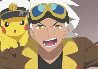 Anime: Um homem de cabelo branco e óculos de aviador com um Pikachu de chapéu de capitão. Ambos parecem chocados/surpresos em ação.