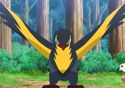 Um pássaro preto e amarelo com asas abertas e olhar determinado. Ao lado, uma criatura laranja surpresa em uma floresta.