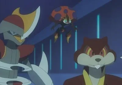 Robô branco/vermelho, joaninha preta e esquilo marrom acenando, em cenário de anime azul futurista.