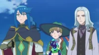 Três personagens de anime com expressões sérias sob um céu azul. Um tem cabelo azul, outro um chapéu e um pet, e o terceiro cabelo claro.