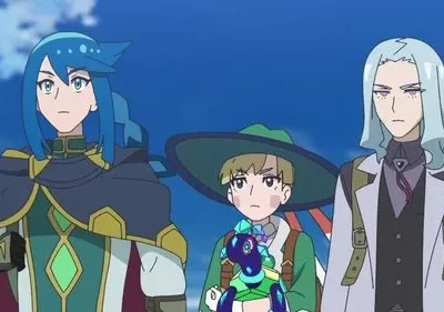 Três personagens de anime com expressões sérias sob um céu azul. Um tem cabelo azul, outro um chapéu e um pet, e o terceiro cabelo claro.