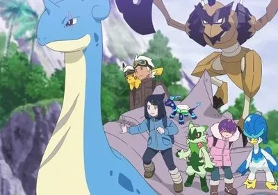 Anime: Criaturas e pessoas posam em rochas com fundo de montanhas tropicais. Grande criatura azul, inseto marrom, 2 adultos, 2 crianças e pequenos companheiros.