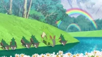 Ser verde deitado e cinco seres pequenos marrons e verdes na margem de um lago. Duplo arco-íris sobre uma paisagem vibrante.