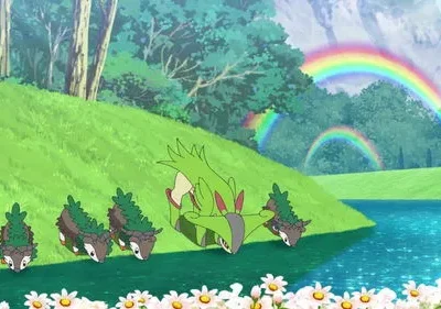 Ser verde deitado e cinco seres pequenos marrons e verdes na margem de um lago. Duplo arco-íris sobre uma paisagem vibrante.