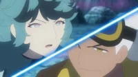Dois personagens de anime se encaram sob um feixe de luz azul. Um está surpreso (cabelo azul), o outro determinado (pele escura, cabelo branco).