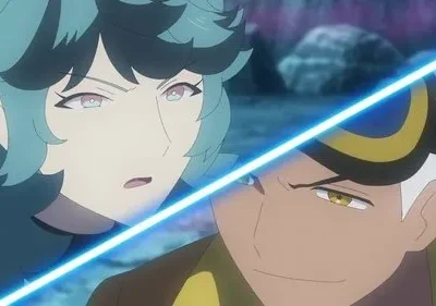 Dois personagens de anime se encaram sob um feixe de luz azul. Um está surpreso (cabelo azul), o outro determinado (pele escura, cabelo branco).
