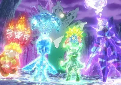Quatro seres cristalinos brilhantes (vermelho, azul, verde, roxo) com auras poderosas em paisagem roxa etérea.