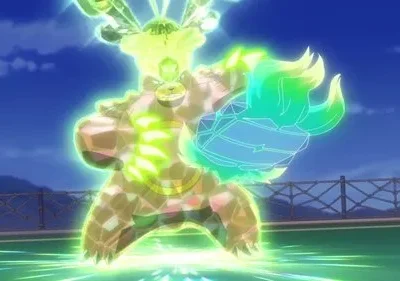 Criatura forte, cristalina e brilhante, com chifres e um escudo no braço, irradia energia verde. Fundo de arena noturna.