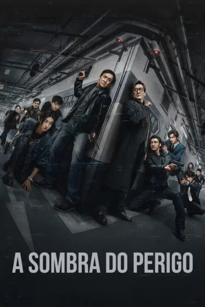 Pôster de ação com múltiplos personagens armados, alguns agachados, em túnel escuro e futurista. Tensão e perigo iminente.