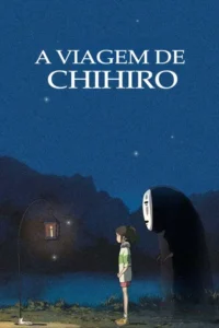 Garota e figura fantasmagórica com máscara branca encaram uma paisagem noturna estrelada iluminada por uma lanterna.