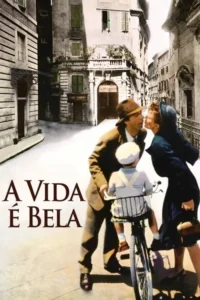 A Vida é Bela 9 Pai e mãe quase se beijam na rua, com o filho na bicicleta entre eles. Fundo de cidade europeia ensolarada.