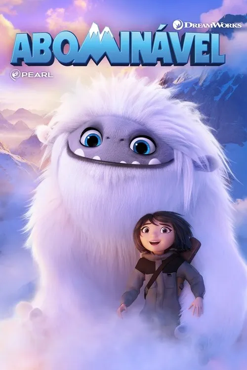 Grande yeti branco fofo e uma menina asiática sorridente sobre montanhas nevadas e nuvens ao pôr do sol. Clima mágico.