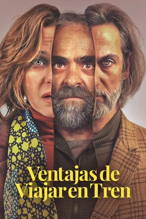 Advantages of Travelling by Train 1 Três rostos fragmentados se mesclam verticalmente em um:uma mulher,um homem barbudo e um homem grisalho. Expressões sérias e intensas.