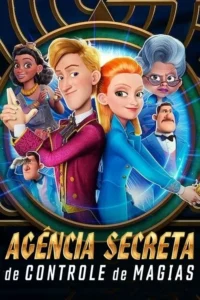 Pôster animado. Dois agentes confiantes,um loiro e uma ruiva,cercados por colegas e engrenagens mágicas. Clima de aventura e mistério.