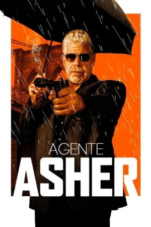 Homem grisalho de terno e óculos escuros aponta uma arma, protegido por guarda-chuva, sob chuva. Fundo laranja com ponte. Clima de ação e suspense.