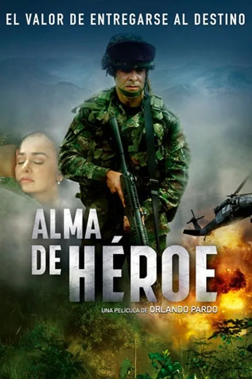 Soldado camuflado com rifle. Rosto de mulher sereno, helicóptero e explosão no fundo. Cenário de selva e montanhas.