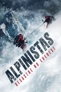 Dois alpinistas de vermelho, presos por uma corda, enfrentam nevasca intensa numa montanha gelada. Perigo iminente.