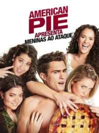 Pôster cômico:um homem sem camisa segurando uma torta é cercado por cinco jovens mulheres sorridentes e brincalhonas.