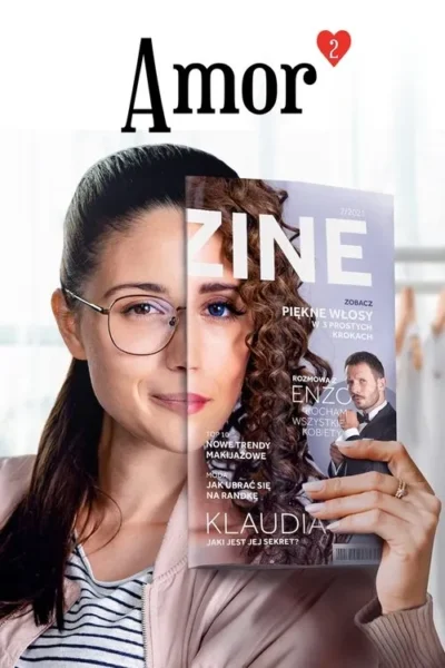 Rosto de mulher dividido: metade natural com óculos, metade glamourosa coberta por revista. Sugere dualidade e transformação.