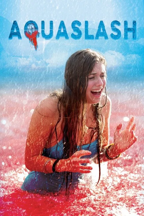 AquaSlash 1 Jovem apavorada gritando em água vermelha,como sangue,com salpicos por toda parte. O céu azul contrasta com o horror aquático.