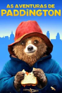 Urso pardo sorridente com chapéu vermelho e casaco azul,segurando sanduíche com geleia. Silhueta de cidade contra céu azul.