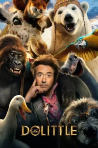 Um homem pensativo cercado por animais de expressões variadas:girafa,urso polar sorridente,gorila,pato,raposa e cão de óculos.